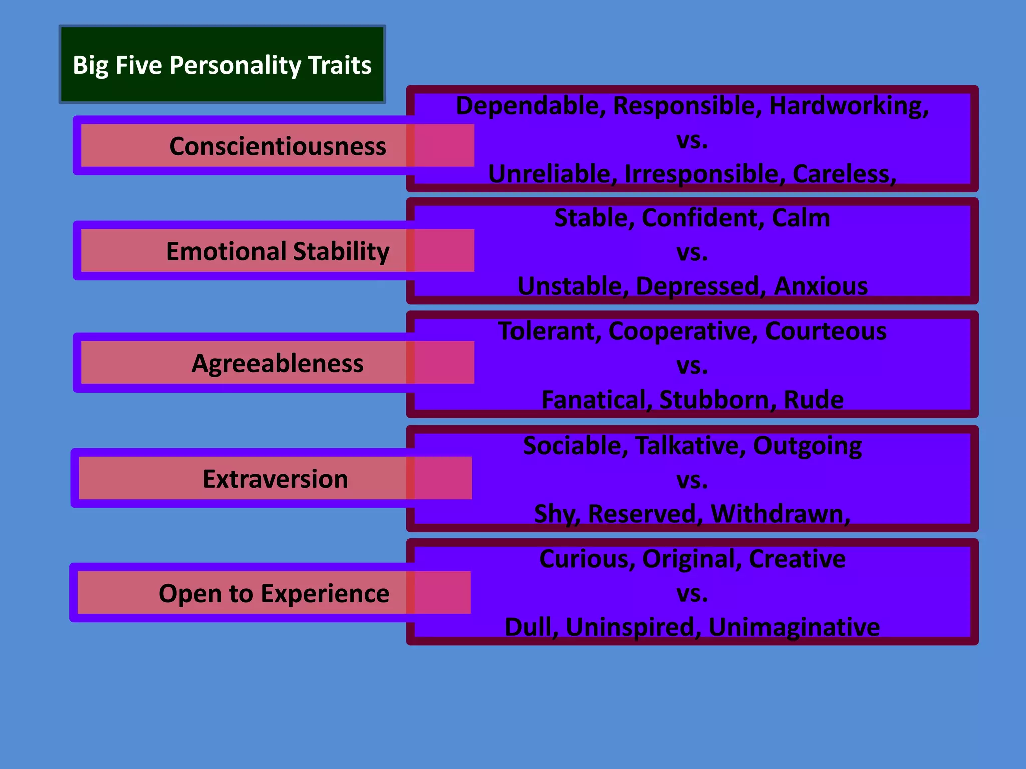 Big Five Personality Traits
Conscientiousness

Dependable, Responsible, Hardworking,
vs.
Unreliable, Irresponsible, Careless,

Emotional Stability

Stable, Confident, Calm
vs.
Unstable, Depressed, Anxious

Agreeableness

Tolerant, Cooperative, Courteous
vs.
Fanatical, Stubborn, Rude

Extraversion

Sociable, Talkative, Outgoing
vs.
Shy, Reserved, Withdrawn,

Open to Experience

Curious, Original, Creative
vs.
Dull, Uninspired, Unimaginative

 