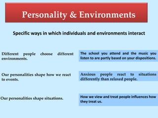 Personality & Environments
How we view and treat people influences how
they treat us.
Our personalities shape situations.
Anxious people react to situations
differently than relaxed people.
Our personalities shape how we react
to events.
The school you attend and the music you
listen to are partly based on your dispositions.
Different people choose different
environments.
Specific ways in which individuals and environments interact
 