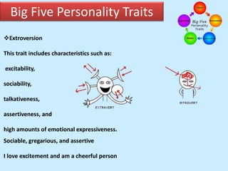 Big Five Personality Traits
Extroversion
This trait includes characteristics such as:
excitability,
sociability,
talkativeness,
assertiveness, and
high amounts of emotional expressiveness.
Sociable, gregarious, and assertive
I love excitement and am a cheerful person
 