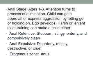 • Anal Stage: Ages 1-3. Attention turns to
process of elimination. Child can gain
approval or express aggression by lettin...