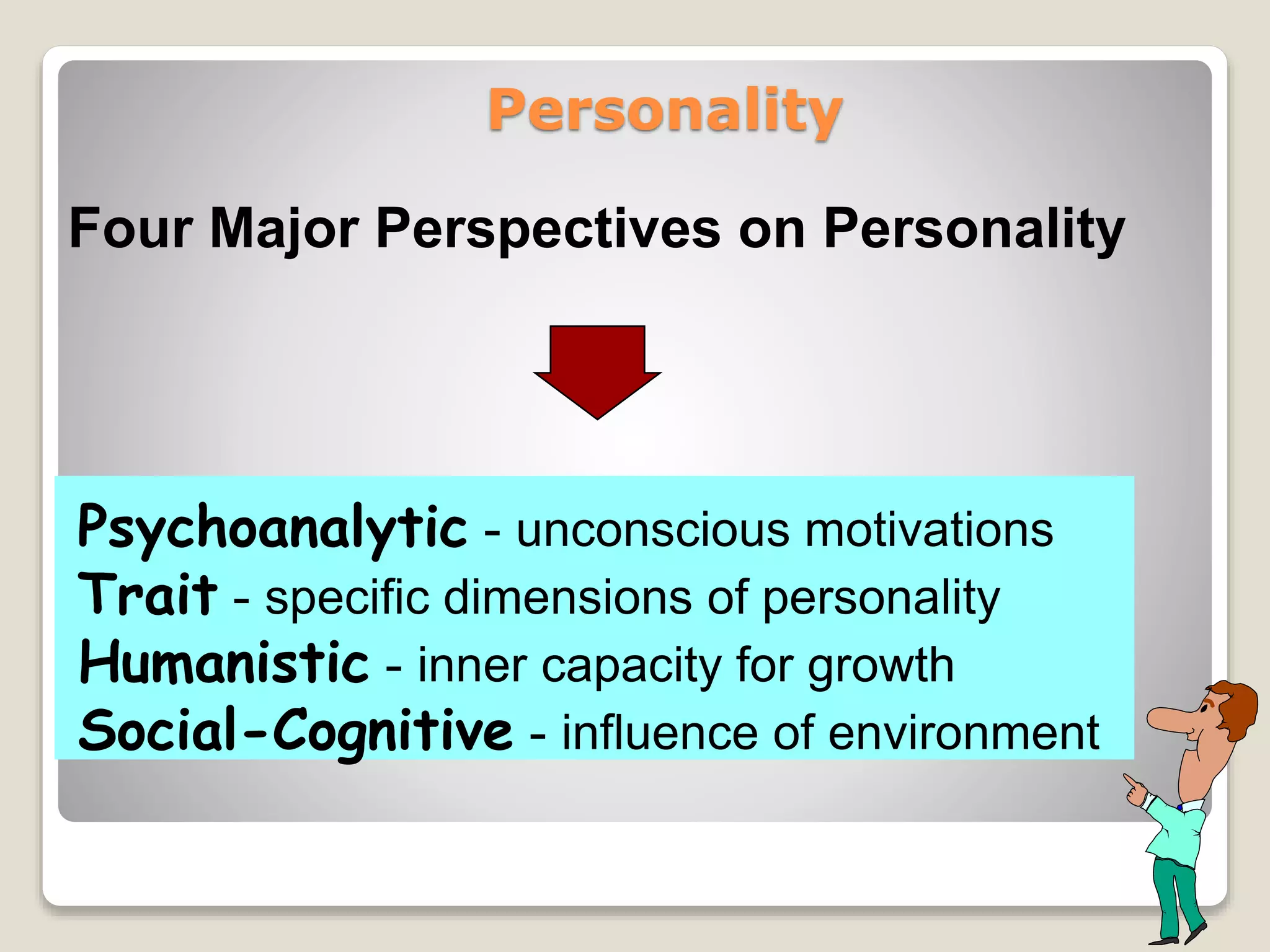 Personality
Four Major Perspectives on Personality
Psychoanalytic - unconscious motivations
Trait - specific dimensions of personality
Humanistic - inner capacity for growth
Social-Cognitive - influence of environment
 