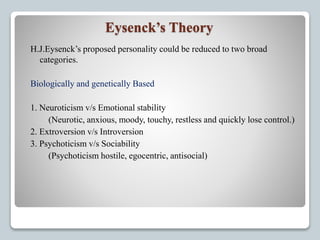 Eysenck’s Theory
H.J.Eysenck’s proposed personality could be reduced to two broad
categories.
Biologically and genetically Based
1. Neuroticism v/s Emotional stability
(Neurotic, anxious, moody, touchy, restless and quickly lose control.)
2. Extroversion v/s Introversion
3. Psychoticism v/s Sociability
(Psychoticism hostile, egocentric, antisocial)
 