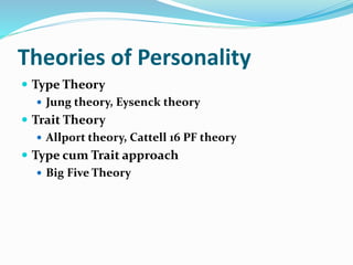 Theories of Personality
 Type Theory
 Jung theory, Eysenck theory
 Trait Theory
 Allport theory, Cattell 16 PF theory
 Type cum Trait approach
 Big Five Theory
 