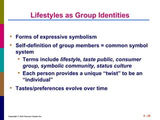 Copyright © 2014 Pearson Canada Inc. 6 - 20
Lifestyles as Group Identities
• Forms of expressive symbolism
• Self-definition of group members = common symbol
system
• Terms include lifestyle, taste public, consumer
group, symbolic community, status culture
• Each person provides a unique “twist” to be an
“individual”
• Tastes/preferences evolve over time
 
