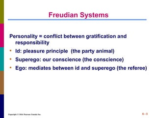 Copyright © 2014 Pearson Canada Inc. 6 - 3
Freudian Systems
Personality = conflict between gratification and
responsibility
• Id: pleasure principle (the party animal)
• Superego: our conscience (the conscience)
• Ego: mediates between id and superego (the referee)
 