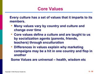 Copyright © 2014 Pearson Canada Inc. 6 - 30
Core Values
Every culture has a set of values that it imparts to its
members.
• Many values vary by country and culture and
change over time
• Core values define a culture and are taught to us
by socialization agents (parents, friends,
teachers) through enculturation
• Differences in values explain why marketing
campaigns may be a hit in one country and flop in
another
Some Values are universal – health, wisdom etc
 