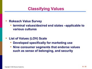 Copyright © 2014 Pearson Canada Inc. 6 - 31
Classifying Values
• Rokeach Value Survey
• terminal values/desired end states –applicable to
various cultures
• List of Values (LOV) Scale
• Developed specifically for marketing use
• Nine consumer segments that endorse values
such as sense of belonging, and security
 