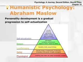 Psychology: A Journey, Second Edition, Dennis Coon
Chapter 10
Humanistic Psychology:
Abraham Maslow
Personality development is a gradual
progression to self-actualization
chapter 2
 