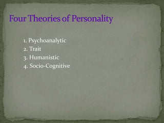 1. Psychoanalytic
2. Trait
3. Humanistic
4. Socio-Cognitive
 