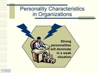 Personality Characteristics
in Organizations
Strong
personalities
will dominate
in a weak
situation
 