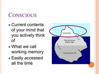 CONSCIOUS
Current contents
of your mind that
you actively think
of
What we call
working memory
Easily accessed
all the time
 