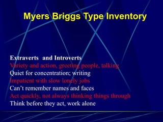 Myers Briggs Type Inventory
Extraverts and Introverts
Variety and action, greeting people, talking
Quiet for concentration; writing
Impatient with slow lonely jobs
Can’t remember names and faces
Act quickly, not always thinking things through
Think before they act, work alone
 