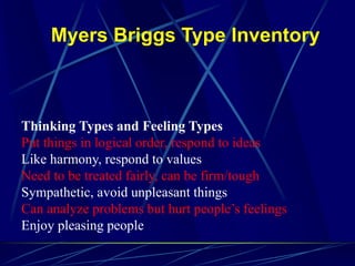 Myers Briggs Type Inventory
Thinking Types and Feeling Types
Put things in logical order, respond to ideas
Like harmony, respond to values
Need to be treated fairly, can be firm/tough
Sympathetic, avoid unpleasant things
Can analyze problems but hurt people’s feelings
Enjoy pleasing people
 
