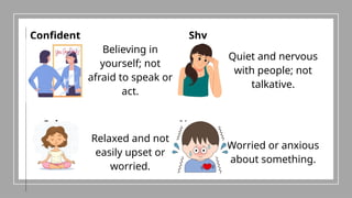 Confident
Believing in
yourself; not
afraid to speak or
act.
Shy
Quiet and nervous
with people; not
talkative.
Calm
Relaxed and not
easily upset or
worried.
Nervou
s
Worried or anxious
about something.
 