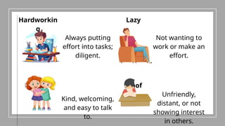 Hardworkin
g
Always putting
effort into tasks;
diligent.
Lazy
Not wanting to
work or make an
effort.
Friendly
Kind, welcoming,
and easy to talk
to.
Aloof
Unfriendly,
distant, or not
showing interest
in others.
 