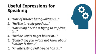 Useful Expressions for
Speaking
1. “One of his/her best qualities is...”
2. “He/She is really good at...”
3. “One thing he/she is trying to improve
is...”
4. “He/She wants to get better at...”
5. “Something you might not know about
him/her is that...”
6. “An interesting skill he/she has is...”
 