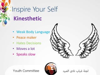 Kinesthetic

•   Weak Body Language
•   Peace maker
•   Hates Decisions
•   Moves a lot
•   Speaks slow
 