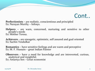 Cont..
Perfectionists – are realistic, conscientious and principled
Ex: Narayan Murthy – Infosys.
Helpers – are warn, concerned, nurturing and sensitive to other
people’s needs
Ex: Mother Teresa.
Achievers – are eneagetic, optimistic, self assured and goal oriented
Ex: Sachin Tendulkar
Romantics – have sensitive feelings and are warm and perceptive
Ex: M. F. Hussain – great Indian Painter
Observers – have a need for knowledge and are introverted, curious,
analytical and insightful.
Ex: Amartya Sen - Great economist
04/29/18 Dr. Devendra Arora 5
 