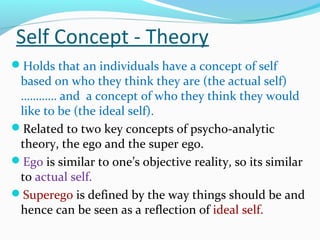 Self Concept - Theory
Holds that an individuals have a concept of self
based on who they think they are (the actual self)
………… and a concept of who they think they would
like to be (the ideal self).
Related to two key concepts of psycho-analytic
theory, the ego and the super ego.
Ego is similar to one’s objective reality, so its similar
to actual self.
Superego is defined by the way things should be and
hence can be seen as a reflection of ideal self.
 