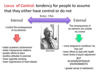 Locus of Control: tendency for people to assume
that they either have control or do not
 