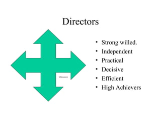 Directors Strong willed. Independent Practical Decisive Efficient High Achievers Directors 