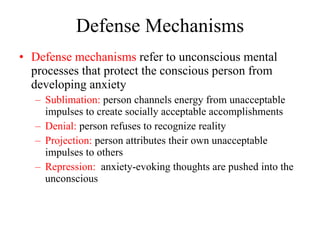 Defense Mechanisms Defense mechanisms  refer to unconscious mental processes that protect the conscious person from developing anxiety Sublimation:  person channels energy from unacceptable impulses to create socially acceptable accomplishments Denial:  person refuses to recognize reality Projection:  person attributes their own unacceptable impulses to others  Repression:   anxiety-evoking thoughts are pushed into the unconscious 