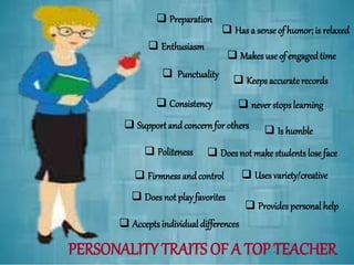  Preparation
 Enthusiasm
 Punctuality
 Consistency
 Support and concern for others
 Politeness
 Firmnessand control
 Does not playfavorites
 Provides personal help
 Accepts individual differences
 Does not make studentslose face
 Is humble
 Uses variety/creative
 Has a sense of humor; is relaxed
 Makes use of engaged time
 Keepsaccuraterecords
 neverstopslearning
PERSONALITY TRAITS OF A TOP TEACHER
 