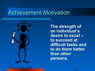 Achievement Motivation

                    The strength of
                    an individual’s
                    desire to excel –
                    to succeed at
                    difficult tasks and
                    to do them better
                    than other
                    persons.

© Copyright 2003,
                                20
 