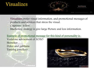 Visualizes prefer visual information, and promotional messages of 
products and services that stress the visual. 
Cognitive is less. 
Marketing strategy is give large Picture and less information. 
Example of promotional message for this kind of personality is- 
Vodafone advisement of ZOZO 
Heineker 
Dolce and gabbana 
Tanishq jewellery 
 