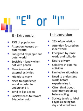 E - Extraversion              I - Introversion
   75% of population             25% of population
   Attention focused on          Attention focused on
    outer world                    inner world
   Energized by people and       Energized by inner
    outer world                    world and solitude
   Sociable – lonely when        Desire privacy
    not with people               Selective in external
   More involved in               activities
    external activities           Limited relationships
   Friends to many               Need to understand
   Need to experience             world before
    world in order to              experiencing it
    understand it                 Often think about
   Tend to like action            what they are doing
                                   before acting
   Society tends to reward
    E-type behavior               Society tends to label
                                   I-type as being too
                                   shy and withdrawn
 
