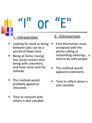 I - Introversion                E - Extroversion
   Looking for work or being      Find themselves more
    between jobs can be a           energized with the
    period of down time             phone calling or
   Being at home, having           networking meetings… a
    less social contact than        time to be with people
    being with coworkers,
    and have more time for         This method would
    solitude                        appeal to extroverts

   This method would              Time to reflect alone is
    probably appeal to              also valuable
    introverts

   Time to network with
    others is also valuable
 