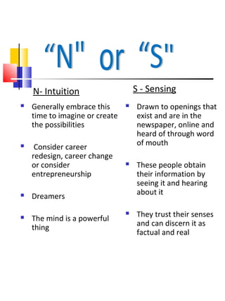 N- Intuition                    S - Sensing
   Generally embrace this         Drawn to openings that
    time to imagine or create       exist and are in the
    the possibilities               newspaper, online and
                                    heard of through word
                                    of mouth
    Consider career
    redesign, career change
    or consider                    These people obtain
    entrepreneurship                their information by
                                    seeing it and hearing
                                    about it
   Dreamers

   The mind is a powerful
                                   They trust their senses
    thing                           and can discern it as
                                    factual and real
 
