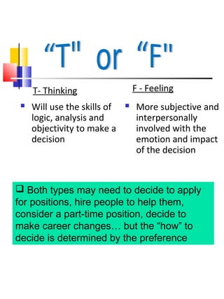 T- Thinking                  F - Feeling
    Will use the skills of       More subjective and
     logic, analysis and           interpersonally
     objectivity to make a         involved with the
     decision                      emotion and impact
                                   of the decision


 Both types may need to decide to apply
for positions, hire people to help them,
consider a part-time position, decide to
make career changes… but the “how” to
decide is determined by the preference
 