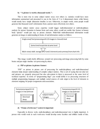 b) “A picture is worth a thousand words.”:
This is more true in some subject matter areas over others i.e. statistics would have more
information summarized and presented to you in the form of 3 to 4 dimensional charts while history
would mostly have simple dimension timeline in text. Otherwise, in simple words, some people would
generate that thousand word’s information from a picture more effectively over others.
Some subject matter areas expertise would trigger multi-dimensional or multi-disciplinary
analysis for picture formation in human brain and some others would not enable that feature in human
brain “picture” would just stay as picture element. Multi-field multi-dimensional information would
generate an image or understanding in brains of and information analyst as follows:
This image would clarify difference around text processing and image processing both by some
brains and just single timeline text processing by others.
c) PIP or picture in picture feature:
“PIP” or picture in picture sort of processing for multi-disciplinary and multi-dimensional
elements helps deeper understanding of complex subject matters. This is sort of saying that not only text
and pictures are properly processed but also sub-content in them is processed at the same level of
technical expertise. In terms of “programming lingo” you would define it as processing structures of
multiple programming languages and multiple varied sources of code origin to the level of elements to
elements mapping for proper assignments and associations.
d) “Frame ofreference” context is important:
Especially in diverse work, multi-disciplinary and multi-dimensional view is highly important. A
person who would work in such work-area would develop some faculties and abilities inside of him.
Single view) Textprocessingwith1D imagesin-line with text
Multi-view) Addl.storage of X,Yand Z elementsandsummaryfromchartinfo
Some timelinepointeratsame level
Textprocessingwith3-D
imagesin-line withtext
One level
deep
Textprocessingwith3-D
imagesin-line withtext
One level
deep
Subjectmatter
linkages
 
