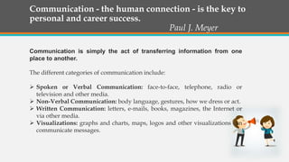 Communication - the human connection - is the key to
personal and career success.
Paul J. Meyer
Communication is simply the act of transferring information from one
place to another.
The different categories of communication include:
 Spoken or Verbal Communication: face-to-face, telephone, radio or
television and other media.
 Non-Verbal Communication: body language, gestures, how we dress or act.
 Written Communication: letters, e-mails, books, magazines, the Internet or
via other media.
 Visualizations: graphs and charts, maps, logos and other visualizations can
communicate messages.
 
