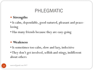 PHLEGMATIC
asareor@gmail.com 201714
 Strengths
• Is calm, dependable, good-natured, pleasant and peace-
loving
• Has many friends because they are easy-going
 Weakness
• Is sometimes too calm, slow and lazy, indecisive
•They don’t get involved, selfish and stingy, indifferent
about others
 