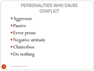PERSONALITIES WHO CAUSE
CONFLICT
asareor@gmail.com 201727
Aggressor
Passive
Error prone
Negative attitude
Chatterbox
Do nothing
 