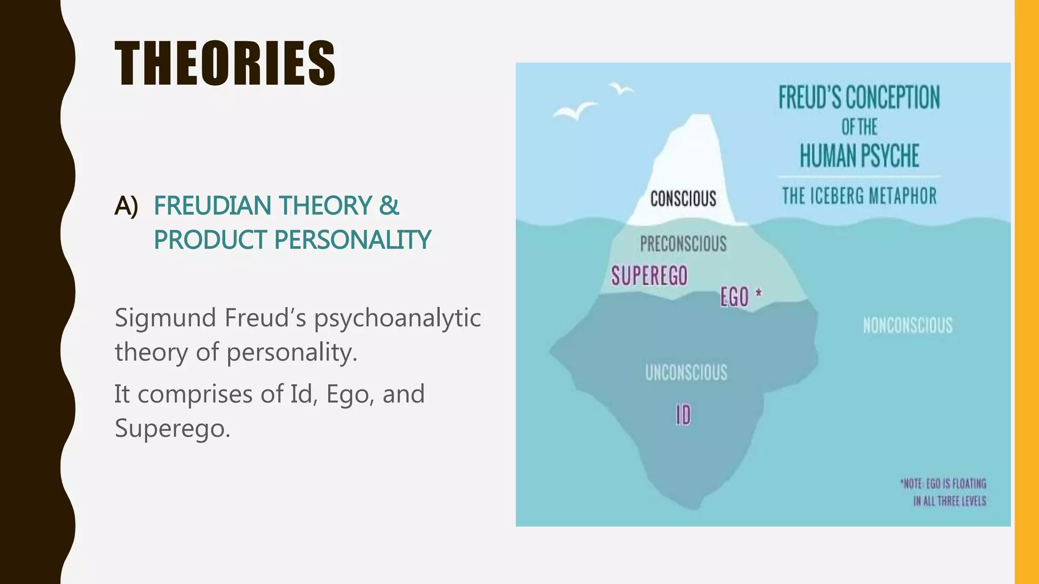 THEORIES
A) FREUDIAN THEORY &
PRODUCT PERSONALITY
Sigmund Freud’s psychoanalytic
theory of personality.
It comprises of Id, Ego, and
Superego.
 