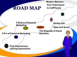 ROAD MAP First Impressions- Lasting Impressions 6 P’s of Personal Marketing 5 Rules of Personal Marketing The Etiquette of Good  Business Dining with Style and Grace Modern Manners from Cyberspace to CellPhones 