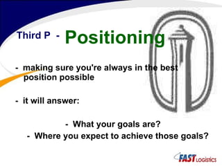 -  making sure you're always in the best position possible -  it will answer: -  What your goals are? -  Where you expect to achieve those goals? Third P  - Positioning 