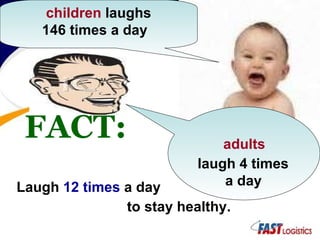 Laugh  12 times  a day to stay healthy.   FACT: children  laughs 146 times a day adults   laugh 4 times a day 