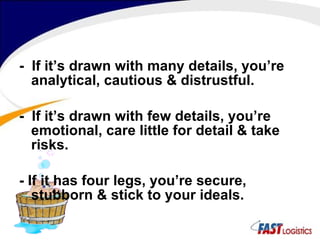 -  If it’s drawn with many details, you’re analytical, cautious & distrustful. -  If it’s drawn with few details, you’re emotional, care little for detail & take risks. - If it has four legs, you’re secure, stubborn & stick to your ideals.  