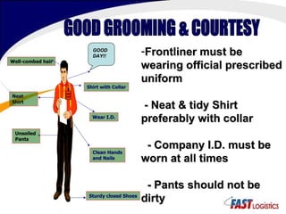 GOOD GROOMING & COURTESY Frontliner must be wearing official prescribed uniform - Neat & tidy Shirt preferably with collar  - Company I.D. must be worn at all times - Pants should not be dirty Sturdy closed Shoes Neat Shirt   Unsoiled  Pants Clean Hands and Nails Wear I.D. GOOD DAY!! Well-combed hair Shirt with Collar Iiiiiii Iiiiii 