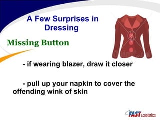 A Few Surprises in    Dressing   Missing Button - if wearing blazer, draw it closer - pull up your napkin to cover the offending wink of skin 