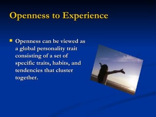 Openness to Experience Openness can be viewed as a global personality trait consisting of a set of specific traits, habits, and tendencies that cluster together.