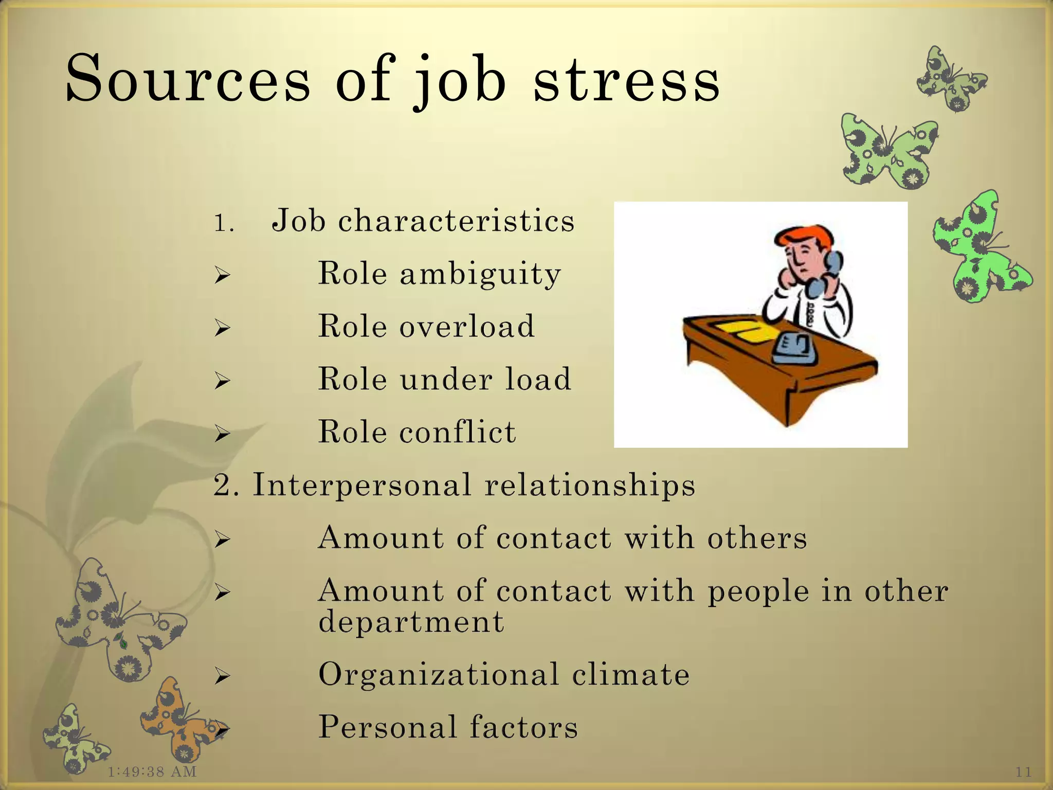 Sources of job stress

              1.   Job characteristics
                    Role ambiguity
                    Role overload
                    Role under load
                    Role conflict
              2. Interpersonal relationships
                    Amount of contact with others
                    Amount of contact with people in other
                     department
                    Organizational climate
                    Personal factors
 1:49:38 AM                                                   11
 