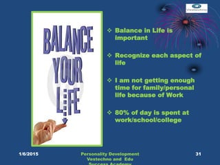  Balance in Life is
important
 Recognize each aspect of
life
 I am not getting enough
time for family/personal
life because of Work
 80% of day is spent at
work/school/college
31Personality Development
Vestechno and Edu
1/6/2015
 