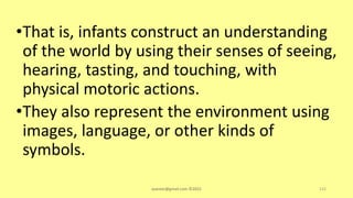 •That is, infants construct an understanding
of the world by using their senses of seeing,
hearing, tasting, and touching, with
physical motoric actions.
•They also represent the environment using
images, language, or other kinds of
symbols.
asareor@gmail.com ©2022 122
 