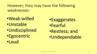However, they may have the following
weaknesses:
•Weak-willed
•Unstable
•Undisciplined
•Egocentric
•Loud
•Exaggerates
•Fearful
•Restless; and
•Undependable
asareor@yahoo.com ©2022 15
 