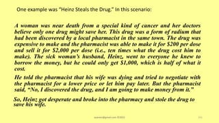 One example was “Heinz Steals the Drug.” In this scenario:
A woman was near death from a special kind of cancer and her doctors
believe only one drug might save her. This drug was a form of radium that
had been discovered by a local pharmacist in the same town. The drug was
expensive to make and the pharmacist was able to make it for $200 per dose
and sell it for $2,000 per dose (i.e., ten times what the drug cost him to
make). The sick woman’s husband, Heinz, went to everyone he knew to
borrow the money, but he could only get $1,000, which is half of what it
cost.
He told the pharmacist that his wife was dying and tried to negotiate with
the pharmacist for a lower price or let him pay later. But the pharmacist
said, “No, I discovered the drug, and I am going to make money from it.”
So, Heinz got desperate and broke into the pharmacy and stole the drug to
save his wife.
asareor@gmail.com ©2022 151
 
